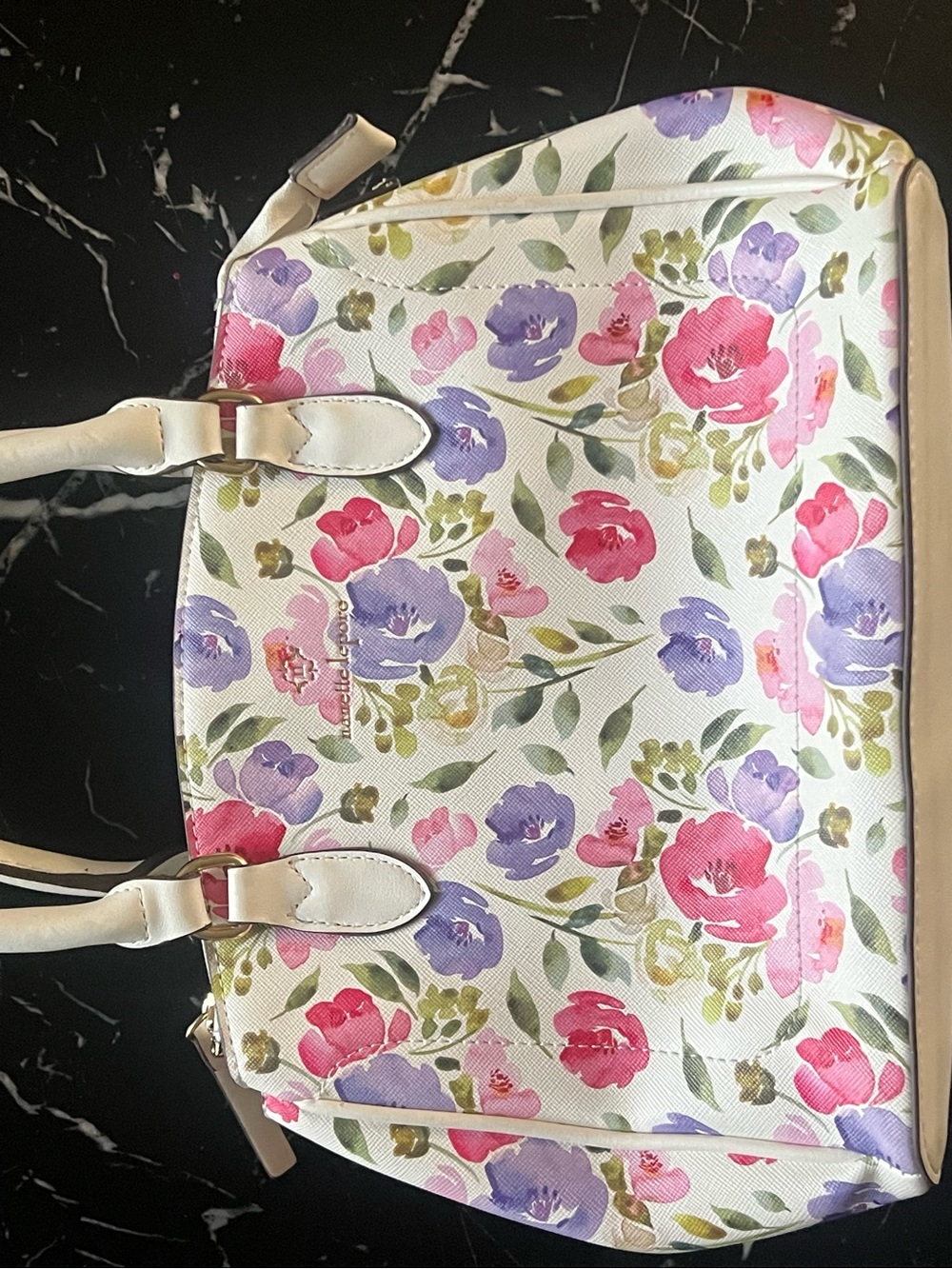 Nanette Lepore White Floral Tote with Pink & Purple Blooms